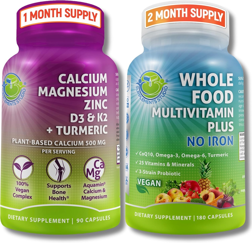 SUPPLEMENTOS STUDIO Daily Immune, Bone & Energy Support Bundle for Men & Women – Vegan Whole Food Multivitamin Without Iron & Plant-Based Calcium Magnesium with D3, K2 & Turmeric – Vegan, Non-GMO