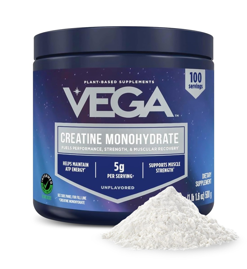 Vega Micronized Creatine Monohydrate Powder, Unflavored – 5g Pura Creatina Vegana para Hombres &amp; Mujeres, Fuerza, Performance &amp; Crecimiento muscular, 100 Servimientos (17.6 oz)