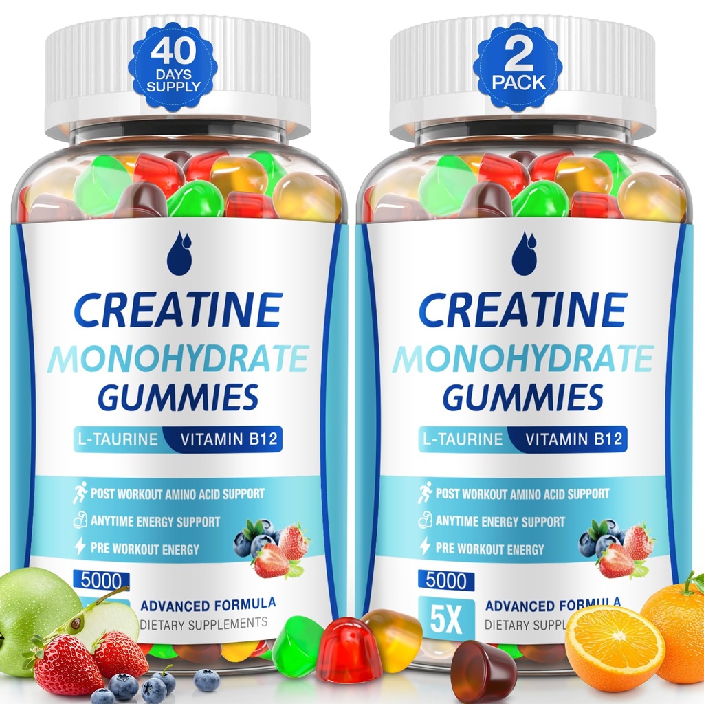 Cretina Gummies para Hombres &amp; Mujeres - Cretina Monohydrate Gummies 5g, Muscle Builder, Energy Boost &amp; Pre-Workout Suplemento, Low Sugar Taurine Chewable Gummy 2 Pack