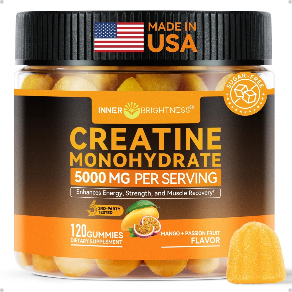 Inner Brightness Creatine Monohydrate Gummies for Men &amp; Women 5000 mg, 3rd Party Tested, Creatine Chews for Muscle Growth, Strength & Energy Support, Sugar Free, Vegan, 120 Conde, Mango Passionfruit