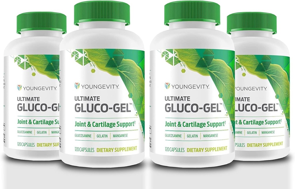 Youngevity Ultimate Gluco-Gel -for Joints, Tendons, Bones & Cartilage Silencio Contiene Glucosamine, Gelatin & Manganese TEN 120 Capsules ANTE 4 Botellas