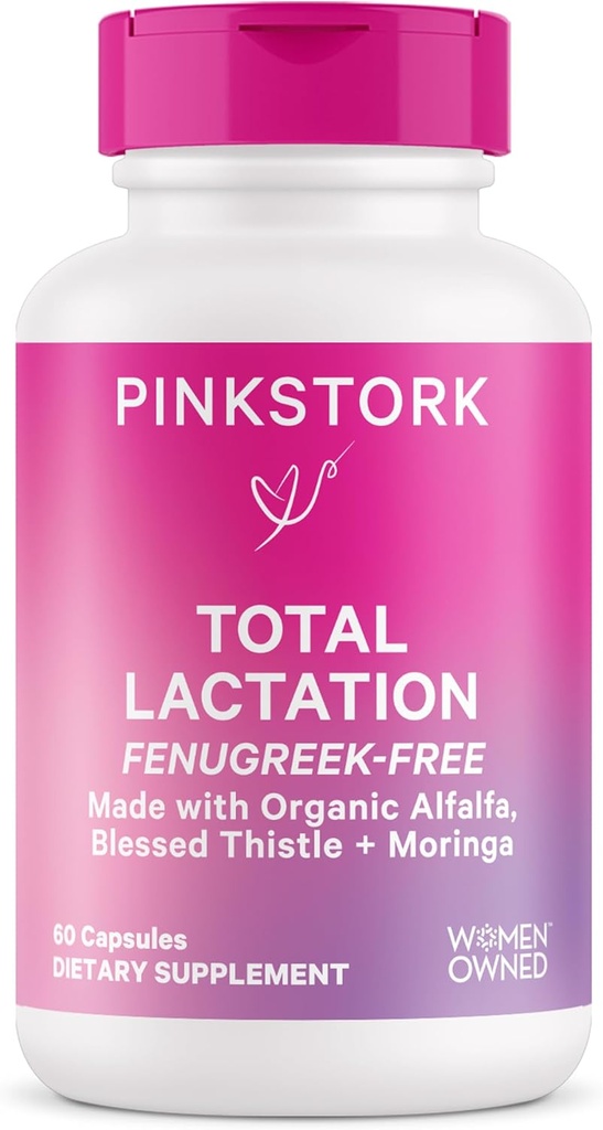 Pink Stork Total Lactation Suplemento Sin Fenugreek, Support Breast Milk Supply with Organic Alfalfa & Milk Thistle, Postpartum Breastfeeding Essentials - 60 Capsules, 1 Month Supply