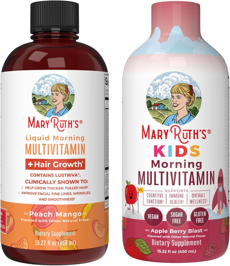 MaryRuth Organics Liquid Morning Multivitamins for Kids (Apple Berry) & Hair Growth (Peach Mango) ← Clean Label Project Verified® ← Vitaminas para el cabello, la piel y el bienestar general ¦ Vegan, Non-G