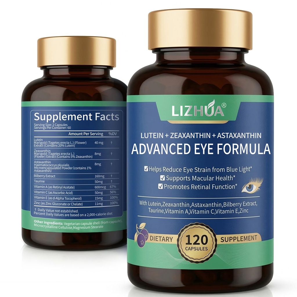 Lutein 40mg " Zeaxanthin 8mg Las vitaminas del ojo, con Astaxanthin, Bilberry, Taurine, Vitaminas A C E Zinc, Luz azul " Soporte Macular, 120 cápsulas vegetales