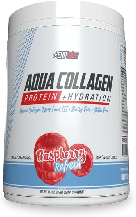 EHP Labs Aqua Hydrolyzed Collagen Peptides Powder - 10g de Proteína por Serving, Hydration & Gut Health Support, Grass Fed Pasture-Raised Bovine Collagen, Tipo I ' III, 24 Servings (Raspberry Refresh)