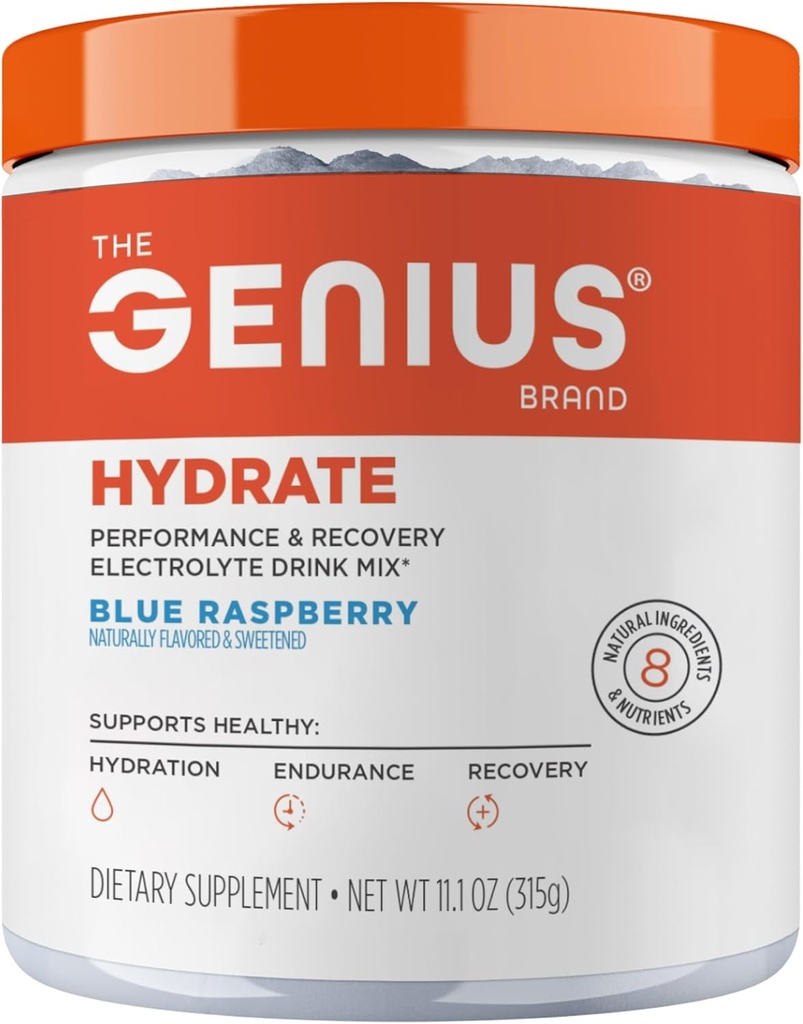 Genius Brand Genius Hydrate - Suplemento electrolito para la hidratación diaria - Agua de coco - Libre de azúcar - 8 minerales esenciales " Nutrientes - No GMO - Blue Raspberry - 50 Servings