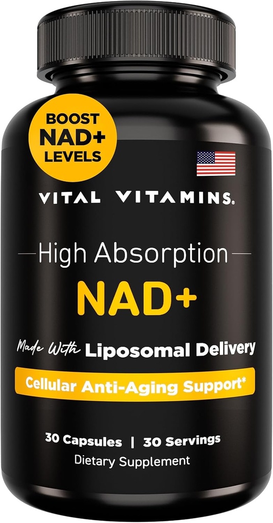 Vitaminas Vitales NAD Suplemento - NAD+ (Nicotinamide Adenine Dinucleotide) para Hombres & Mujeres - Fabricado con Entrega Liposomal - Celular Anti-Aging Support, Energy, Focus - 30-Day Supply