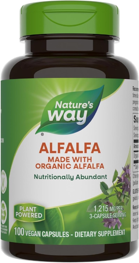 Camino de la Naturaleza Alfalfa, Hecho con Alfalfa Orgánica, 1.215 mg por servicio de 3 cápsulas, Alfalfa Herbal Capsule, Gluten Free, Vegan, 100 cápsulas (Paquete May Vary)