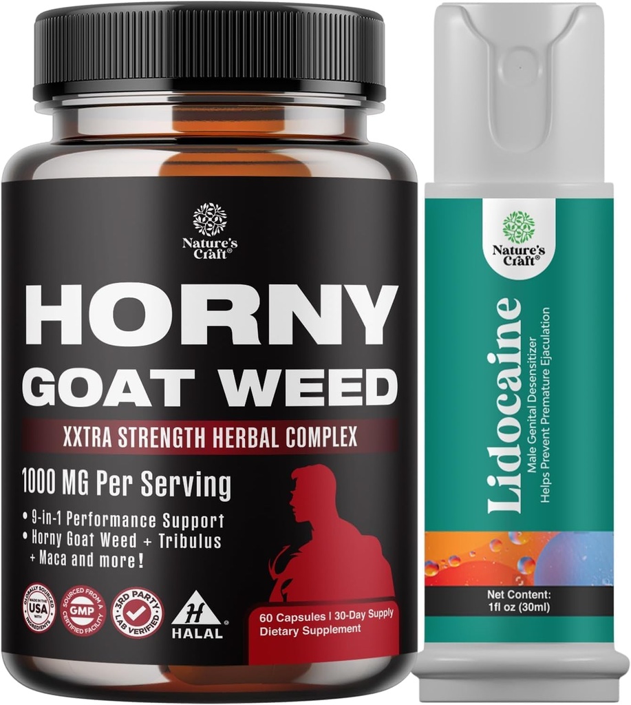 Bundle of Horny Goat Weed Extract Complex for Men and Women Enhanced Energy and Stamina and Black Maca Root Capsules for Hombre - Invigorating Drive Mood & Energy Booster for Men