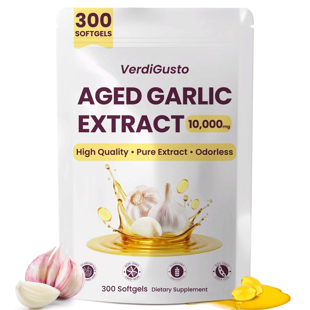 Odorless Aged Garlic Extract Softgels | 10000mg Garlic Supplements| 300 Count | 20:1 Concentrate | High-Potency, Enhanced Absorption | Antioxidant & Cognitive Support | Non-GMO, Gluten-Free Formula