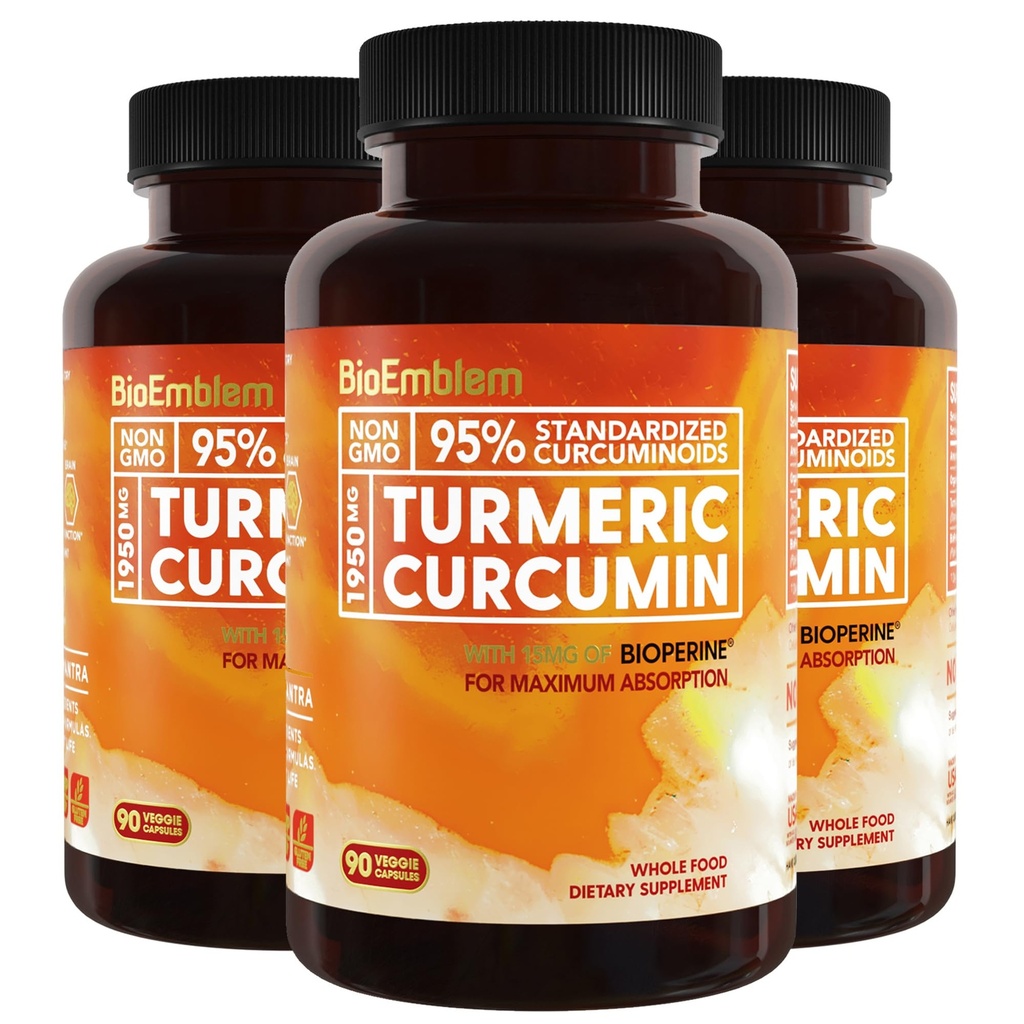 BioEmblem Turmeric Curcumin Suplemento con BioPerine ← Soporte Conjunto " Salud del Corazón Silencioso con Pólvora Turmerica Orgánica " 95% Curcuminoides Extracto Ø California Made, Non-GMO, 90-Day Supply