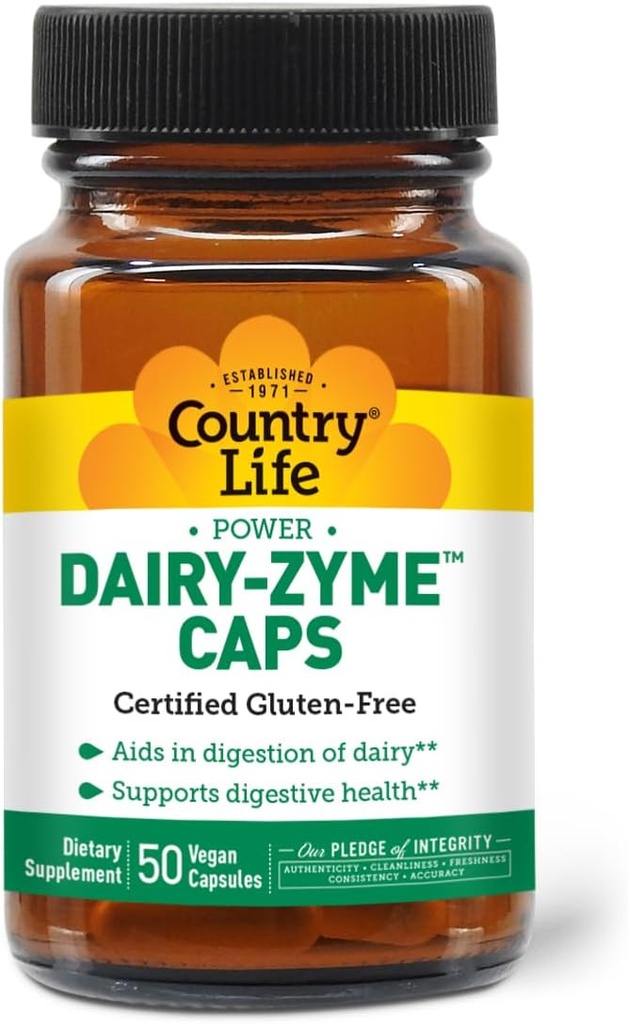 Country Life Dairy-Zyme - Digestive Enzymes for Dairy Relief - Lactase Enzyme Supplement for Lactose Intolerance - 6000 Lactase Units - Gluten-Free, Non-GMO - 50 cápsulas Vegan