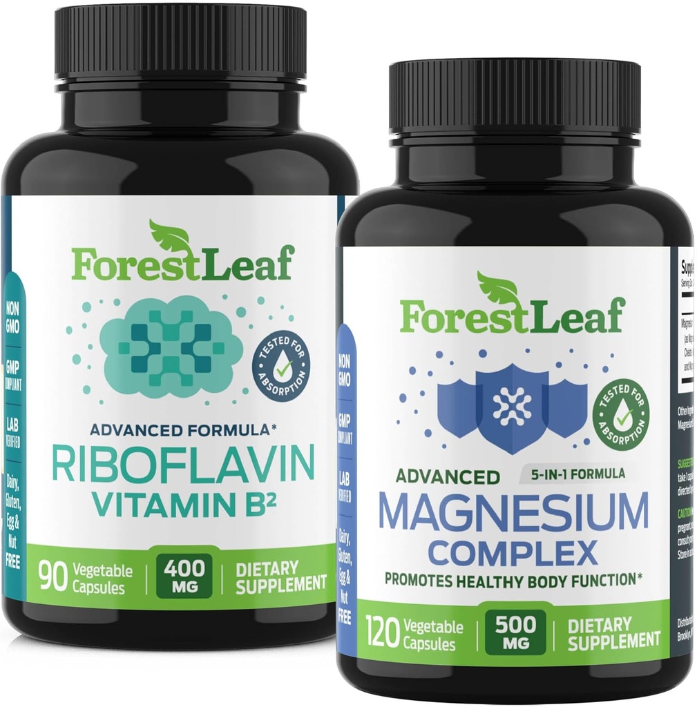 ForestLeaf Riboflavin & Magnesium Migraine Suplemento - Riboflavin 400mg para Headache Relief - Ultimate Magnesium Bundle con B2 Vitamin 400mg para Headache Migraine Relief Capsules
