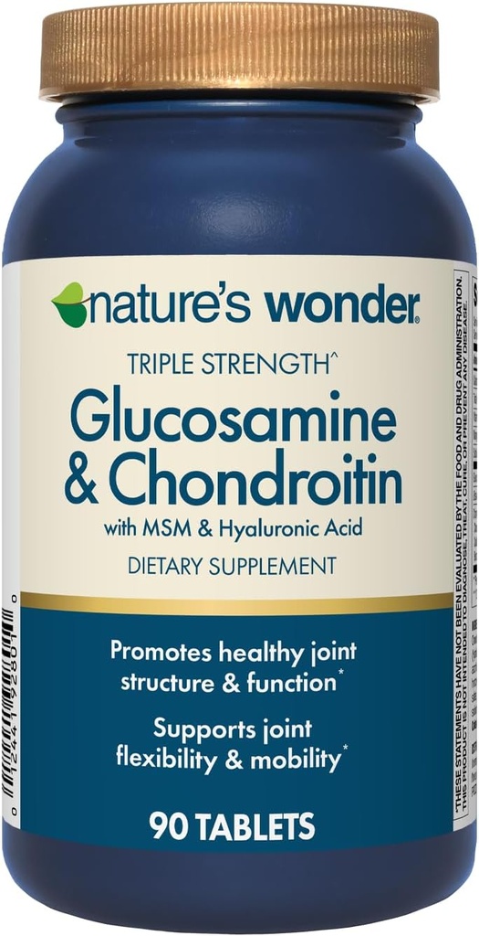 Condroitina de Glucosamina triple de la naturaleza con MSM y ácido hialurónico y Boswellia para la salud conjunta, soporta flexibilidad y movilidad conjunta, fuente de 45 días, 90 Tablets