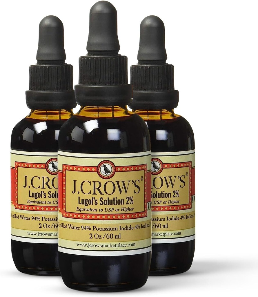 J.CROW'S® Lugol's Solution of Iodine 2% 2 oz (3 Botellas) – Iodide Premium Iodine & Potassium Liquid, Gluten " , Extracto libre de alcohol, No Expiration