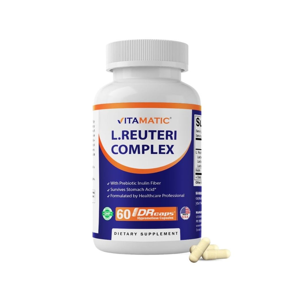 Complejo de Reuteri Vitamatic Lactobacillus – 22 millones de UC por cápsula de liberación retrasada – 60 cápsulas – Apoyo a la Salud Digestivo y Gut – con fibra de inulina prebiótica