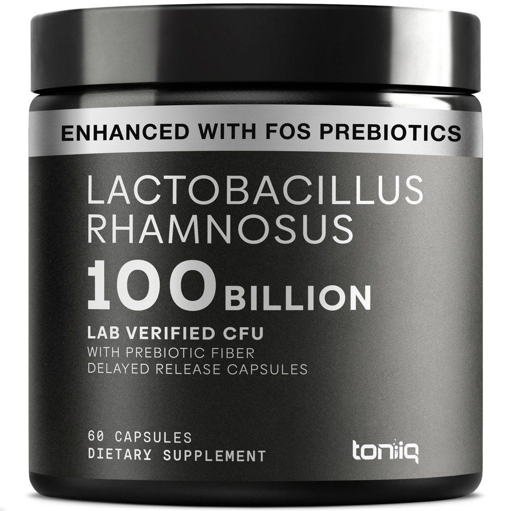Toniiq Lactobacillus Rhamnosus – Ultra High Strength 100B CFU con FOS Prebiótico – Delayed Release Capsules – Third-Party Lab Tested – 60 cápsulas