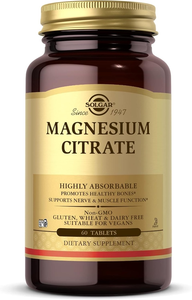 Citrato de Magnesio Solgar - 60 Tabletas - Promueve Huesos Saludables, soporta Función Nerve &amp; Muscle - Altamente Absorbable - No GMO, Vegan, Gluten Gratis, Kosher - 30 Serviciones