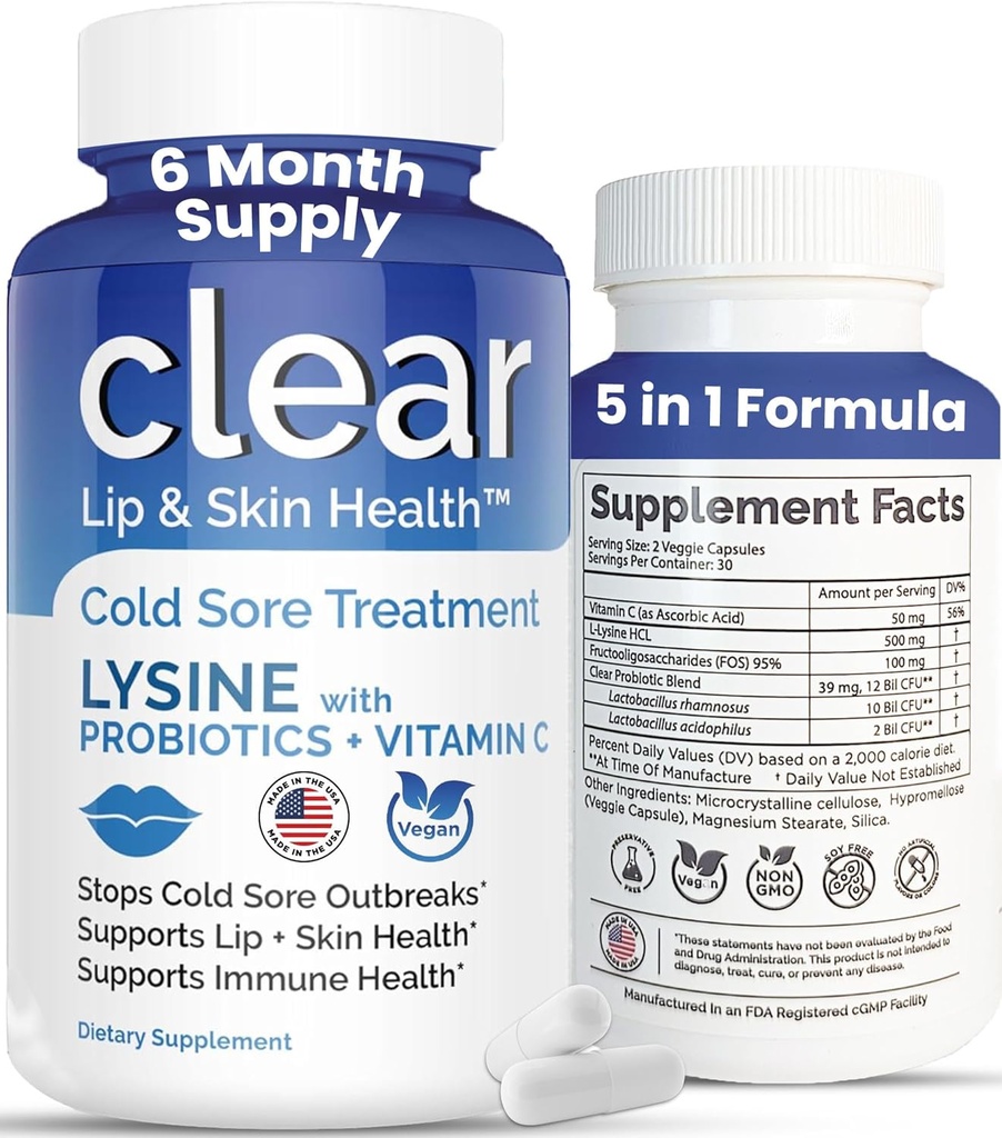 Tratamiento de úlcera fría de Lysine para lípidos – con Lactobacillus Rhamnosus, Acidophilus y Vitamina C – Suplemento de párpado frío para la salud de la piel, soporte de inmune y prevención – 360 cápsulas