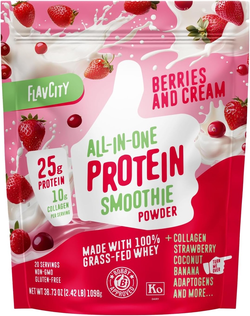 FlavCity Grass Fed Whey Protein Powder - Berries & Cream - 25g Protein & 10g Collagen - Hecho con Strawberries Orgánicas & Leche de coco - Gluten Gratis & No Añadido Sugars (20 Servings)