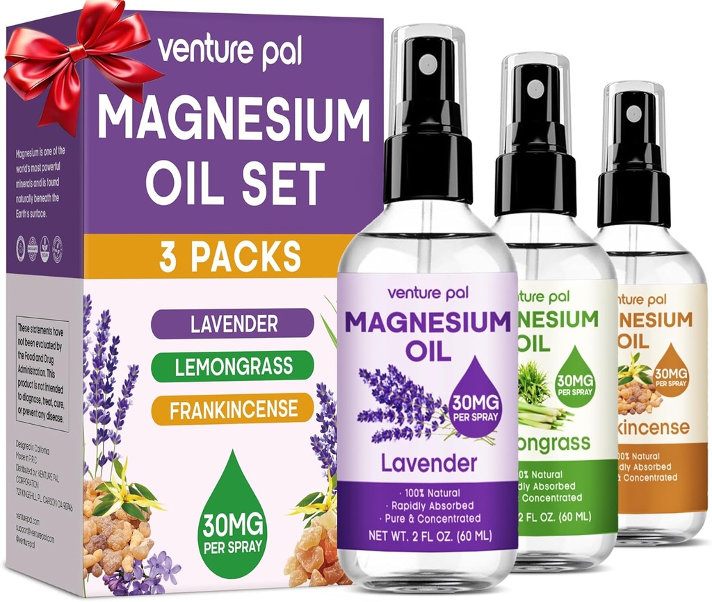 Venture Pal 3-Pack Topical Magnesium Oil Spray Set for Feet – Ideal Gift for Relaxation, Better Sleep, Muscle Relief for Legs & Joints, Healthy Hair & Skin. Absorción rápida, No-Greasy