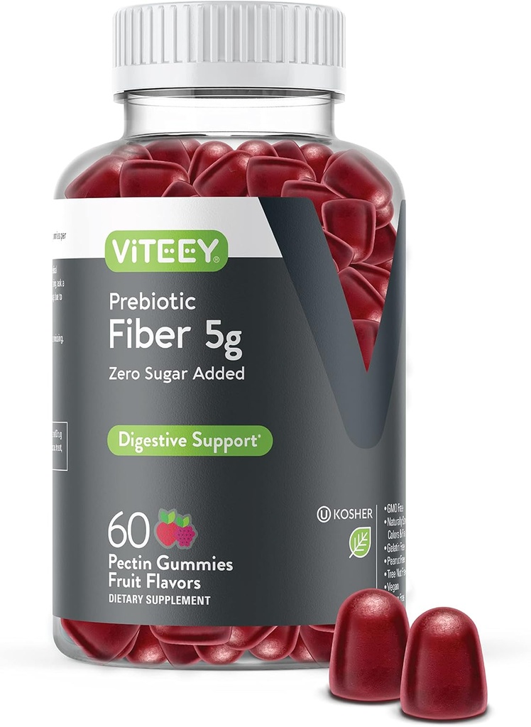 Viteey Prebiotic Fiber Gummies for Adults, 5g - Gut Health & Digestive Soluble Fiber Supplement Gummies - Zero Sugar Añadido, Vegan, Gluten-Free - 60 Conde