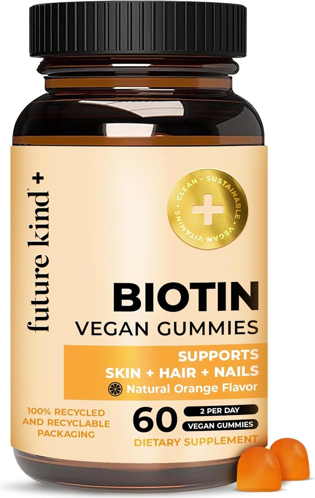 Futuro Kind Vegan Biotin Gummies (60ct) - Vitaminas de Biotina para la piel del cabello y uñas con VIT A, C, & E - Piel vegano y uñas Vitaminas para Hombres de Mujeres - Orange Flavored Biotina Crecimiento del cabello Vitaminas
