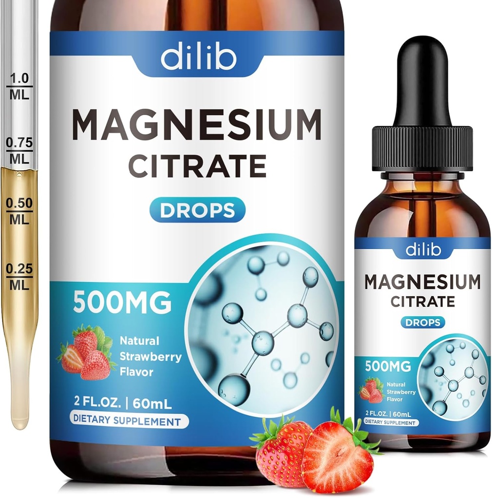 Magnesio Citrate gotas de magnesio líquido Suplemento 500mg-Support Stress Relief, Bone, Muscle, Mood, Sleep-2 Fl Oz, Vegan, Strawberry Flavor
