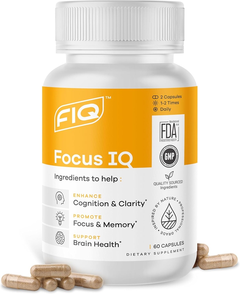 FIQ - Focus IQ - Suplementos cerebrales para memoria y foco - Suplementos de memoria - Apoyo cognitivo - 60 cápsulas