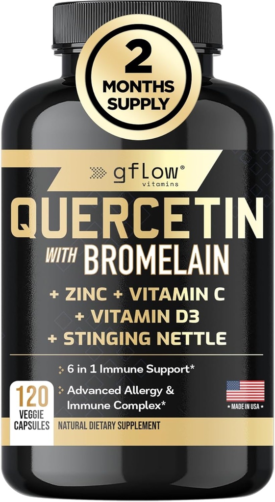Quercetina con Vitamina C y Zinc - Quercetina 500mg - Quercetina con Bromelaina - Zinc Quercetina - Estiramiento Nettle -120 Capas de verduras. Suplementos de quercetina + Vitamina D3 (No-GMO, libre de gluten, vegano)