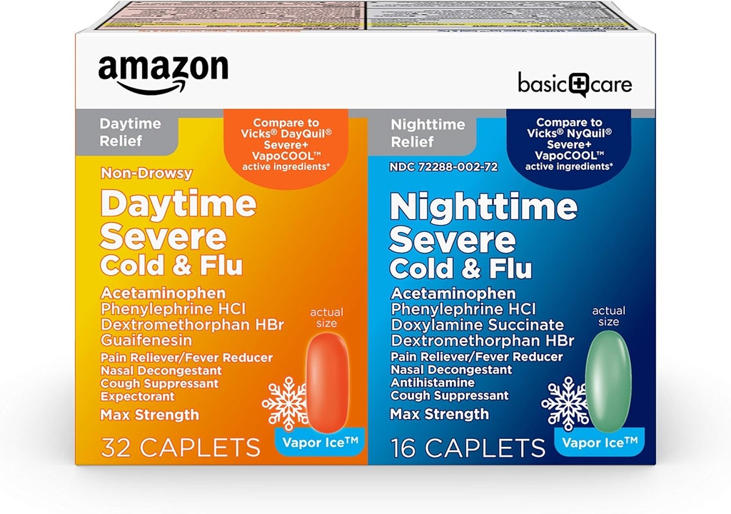 Amazon Basic Cuidado Vapor Día de Hielo y Noche Severe Cold y Flu Relief Caplets, Máxima Fuerza Medicina, Combo Pack, 48 Conde