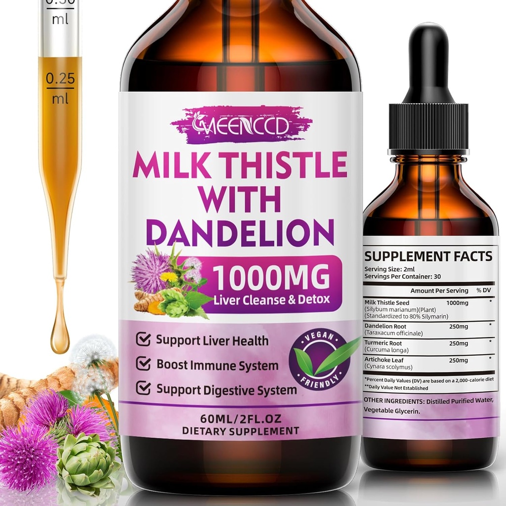 Milk Thistle Liquid Drops - Reparación de desintoxicación de hígado - 1000mg suplemento de carburante de leche para soporte de hígado, suplemento de hígado de silymarin para la salud del hígado, vegano, no GMO, 2 Fl Oz