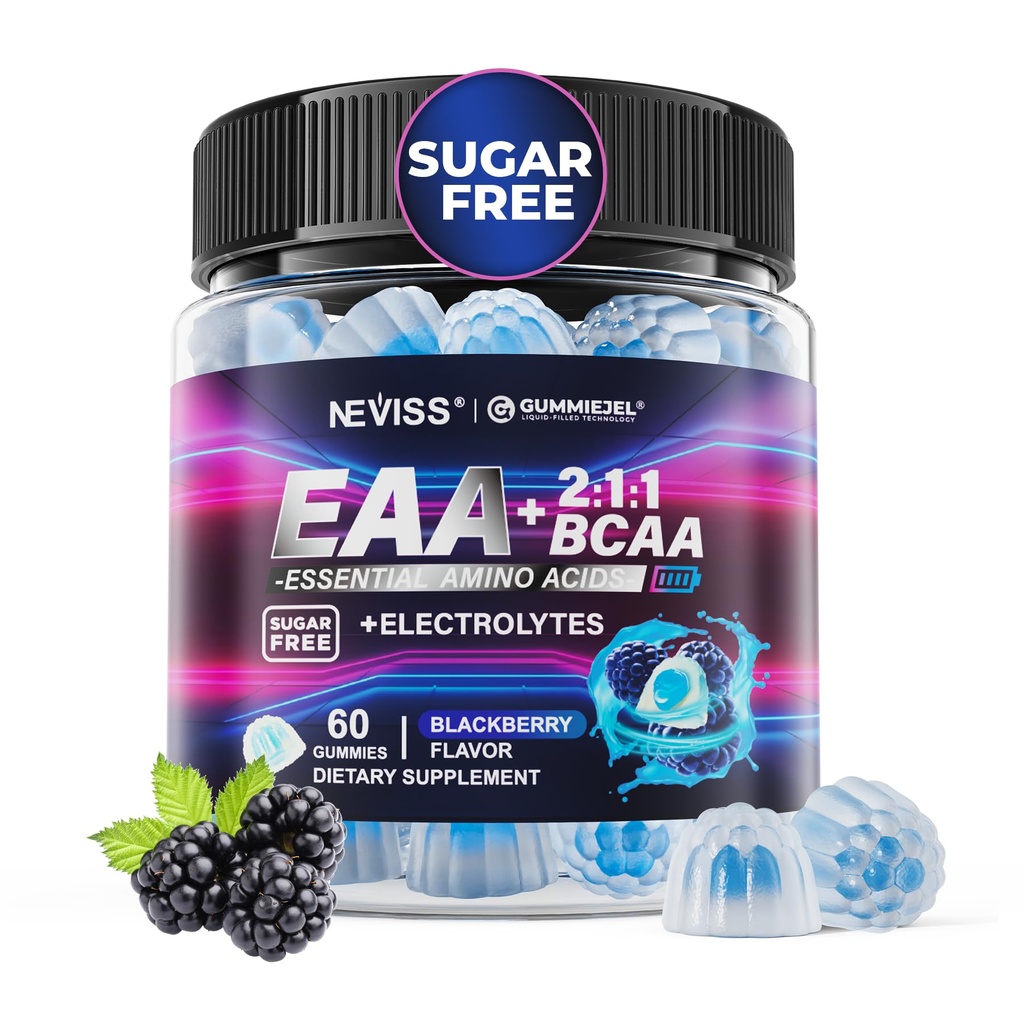 EAA Gummies Suplementos, Todos 9 Aminoácidos Esenciales Suplemento, BCAA Aminoácidos Gummies para Hombre MujeresAminos de carcasa Branched-Chain & Electrolyte Hydration GummiesGluten Free, Raspberry Flavor, Vegan, 60ct