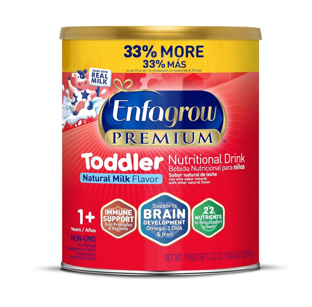 Bebida Nutricional Premium de Enfagrow, realizada con leche real, construcción de cerebros Omega-3 DHA, Nutrientes y Prebióticos para el crecimiento " Apoyo inmunológico, No GMO, Toddler Milk Powder, 32 Oz Can