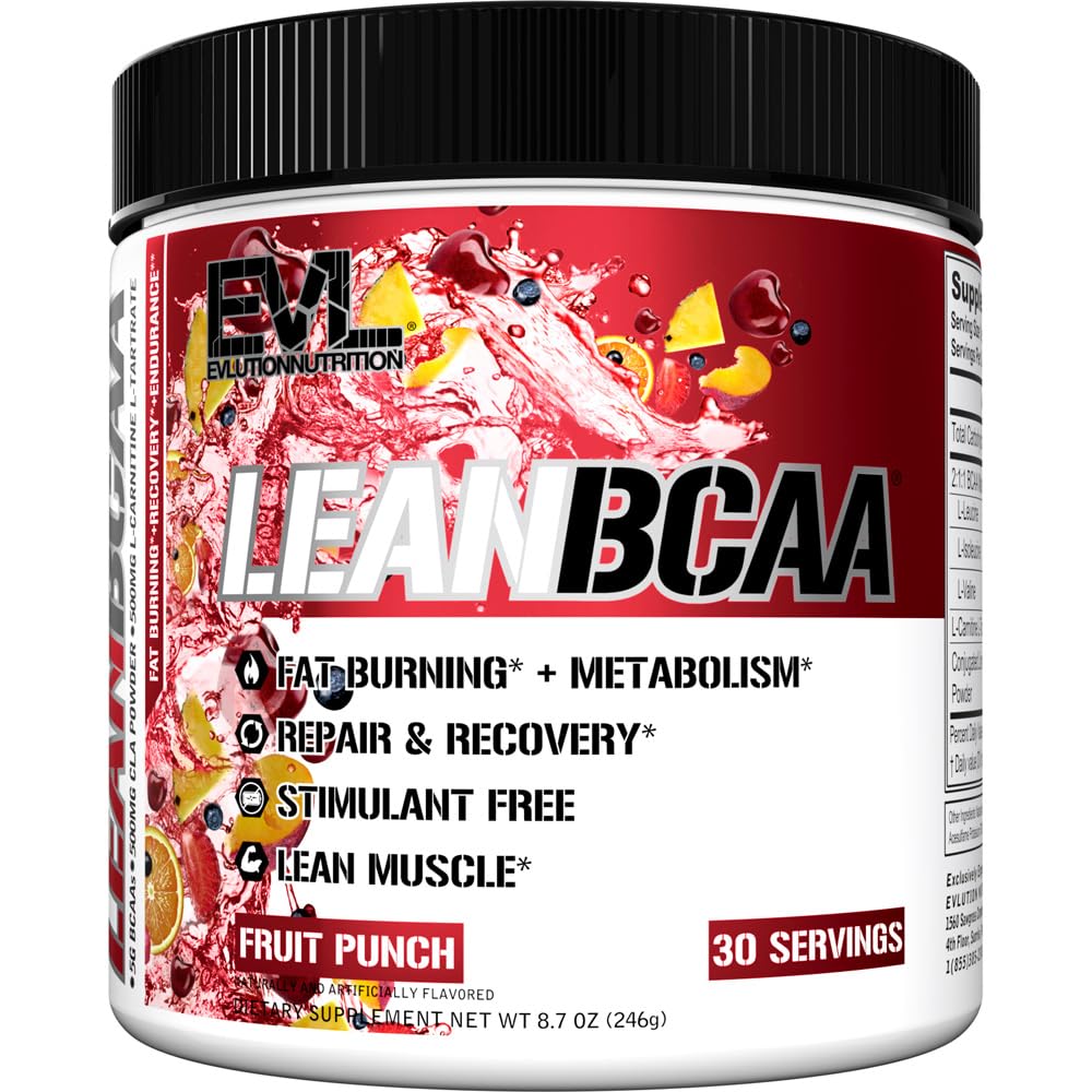 Stimulant Free Lean BCAA Powder - Evlution Nutrition BCAAs Amino Acids Powder with CLA Carnitine and 2:1 Branched Chain Amino Acids Supports Muscle Recovery Fat Burn and Metabolism - Fruit Punch