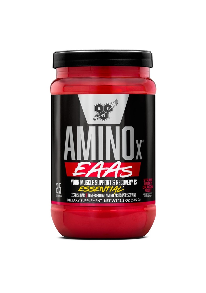 BSN Amino X EAAs, recuperación de músculo " resistencia, 10g ácidos esenciales, 5g BCAAs, cero azúcar, cafeína libre, fruta de fresa, 13.2oz, 25 servidumbres
