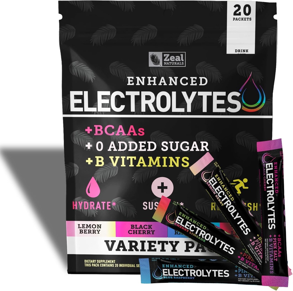 Zaal Naturales Enhanced Electrolyte Powder Stick Packs (Variety Pack - 20 Packets) Azúcar Gratis + BCAA B-Vitamins & Pink Himalayan Salt... Keto Electrolytes, Hydration Powder