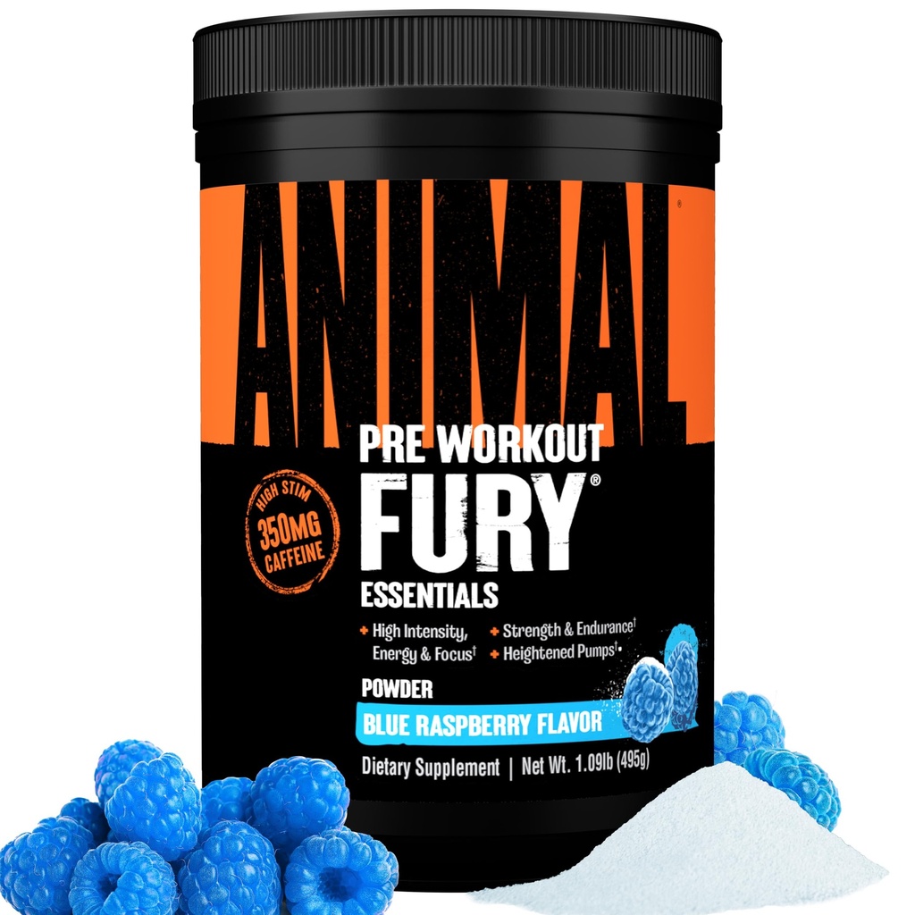 Furia animal - Pre Workout Powder Suplemento para Energía y Focus - 5g BCAA, 350mg Caffeine Nitric Oxide Without Creatine - Powerful Stimulant for Bodybuilders - Blue Raspberry