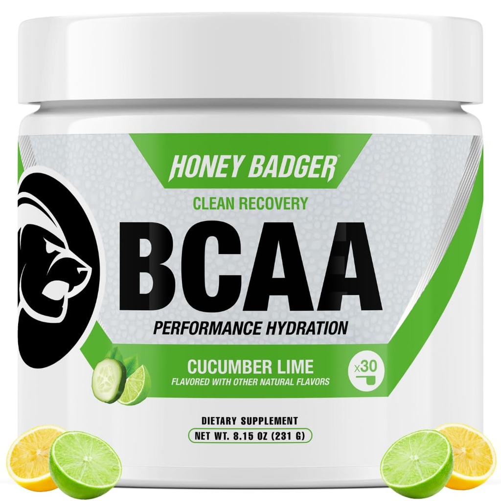Honey Badger BCAA + EAA Amino Acids Powder, BCAAs + L-Glutamine, Keto, Vegan, Sugar Gratis para Hombres &amp; Mujeres, Hidratación &amp; Post Workout Muscle Recovery Mix, Cucumber Lime, 30 Servings