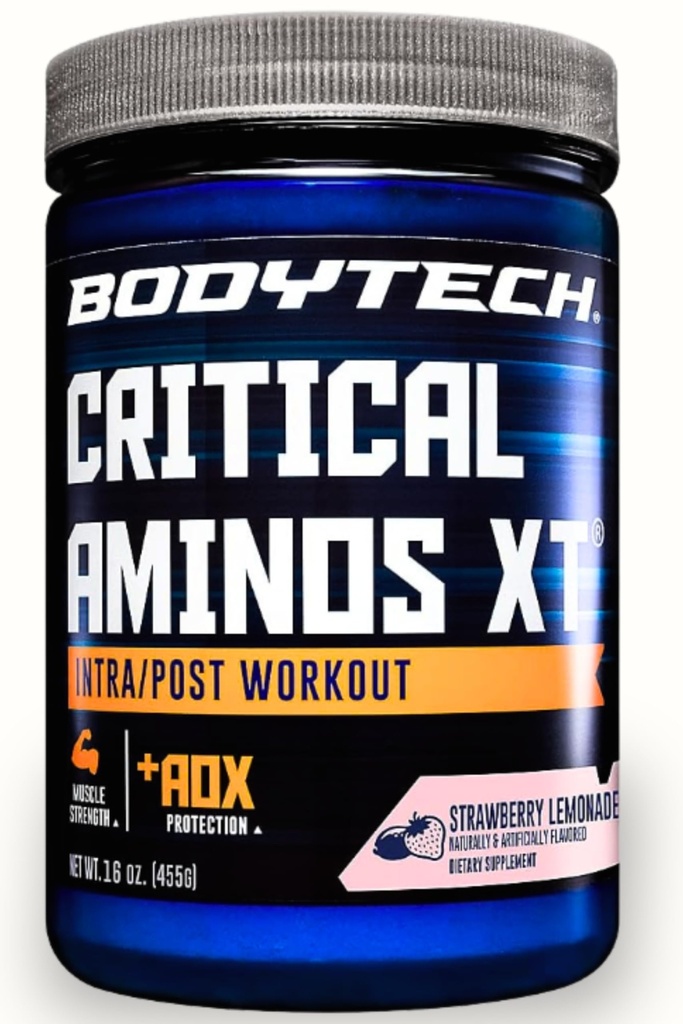 BodyTech Critical Aminos XT Amino Acid Powder with Glutamine, Citrulline & Carnitine, Pre Workout or Post Workout Amino Acids for Men & Women, Strawberry Lemonade Flavor, 15.9 Oz, 45 Servings