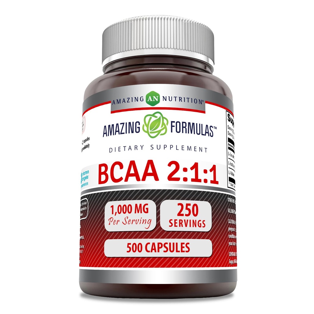 Fórmulas asombrosas BCAA 2:1 1000 Mg Por Serving ¦ Capsules ← Aminoácidos de Cadena Suplementario ← No-GMO Silencioso libre de gluten Made in USA (1 Pack, 500 Count)