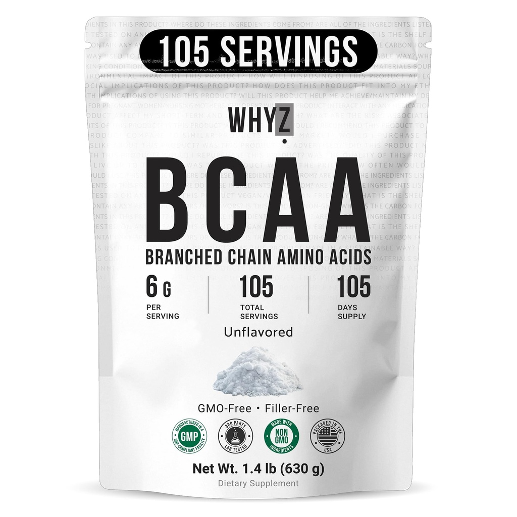 BCAA Powder 2:1:1, Unflavored Branched Chain Amino Amino Acids for Hombres and Women Pure BCAA Energy Powder for Mixing in Drinks " Shakes Non-GMO No-Additives, 105 Servings, 1.4 lb (630g)