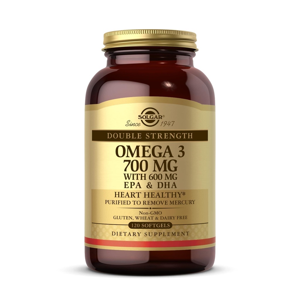 Solgar Doble Fuerza Omega-3 700 mg, 120 Softgels - Suplemento de aceite de pescado - Apoyo para la salud cardiovascular, conjunta y celular - Contiene EPA & DHA Omega 3 Ácidos grasos - Gluten Gratis - 120 Servimientos