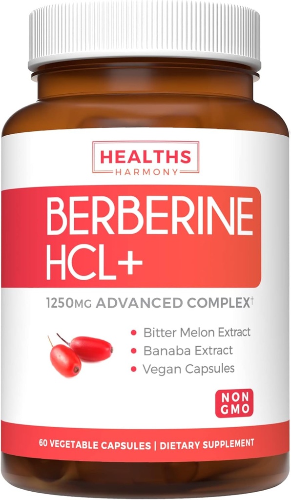 Berberine Supplement (Non-GMO " Vegetarian) Berberine HCL Plus Bitter Melon " Banaba Leaf Extract Capsules - Berberine 500mg Cada, 1000mg Por Serve - Activador metabólico AMPK - 60 cápsulas (sin pastillas)