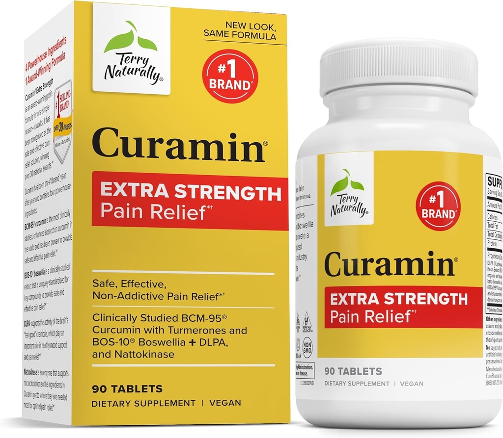 Terry Naturalmente Curamin Extra Strength - Curcumin & Boswellia Suplemento para la Circulación Saludable Apoyo - Suplemento Turmérico para las articulaciones de apoyo, salud muscular " Producción endorfina - 90 Tabletas
