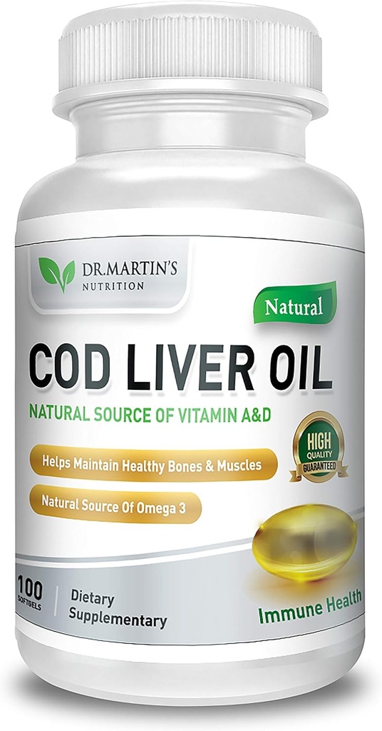 Burpless COD Liver Oil ← 100 Softgels ← Fuente natural de Omega 3 Ácidos grasos EPA & DHA ← Vitamina A & D ← Ayuda Brain, Heart, Eye & Immune Health For Joints, Bones & Muscles Suplemento No AfterTaste