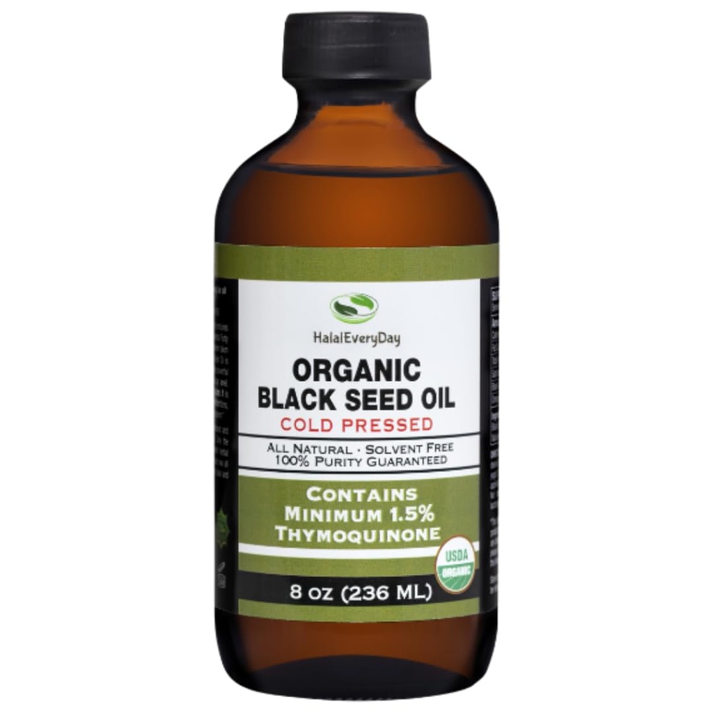 Aceite de semilla negro orgánico - USDA Certified Cold Presionado de vidrio botella más 1.5% Timoquinone 3X fuerza turco negro Cumin Nigella Sativa no GMO 100% puro aceite de color negro (8oz botella de vidrio)