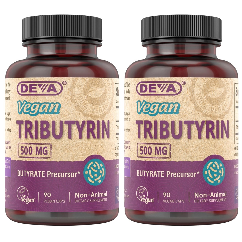 DEVA Vegan Tributyrin Suplemento - Butyrate Precursor, Gut Barrier Support, Butyric Acid, 500 MG Vegan Capsules, Leaky Gut Support, Digestion, 90 Conde (Pack of 2)