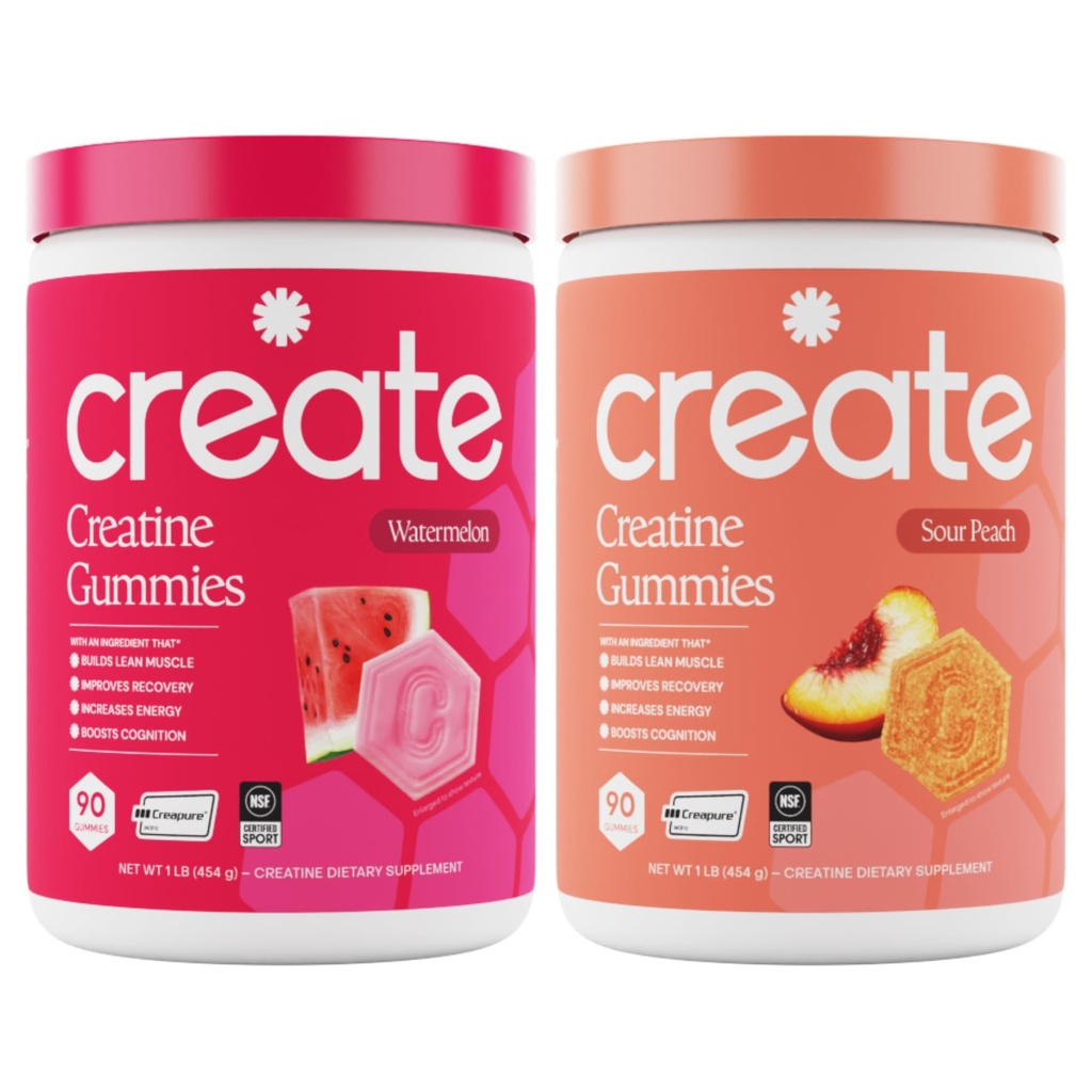 Creatine Monohydrate Gummies - Beach Day Duo - Sour Peach & Watermelon - Creatine Gummies for Women &amp; Men, NSF Certified, 3rd Party Tested, Anti-Melting Formula, 180 Conde (2-Pack)