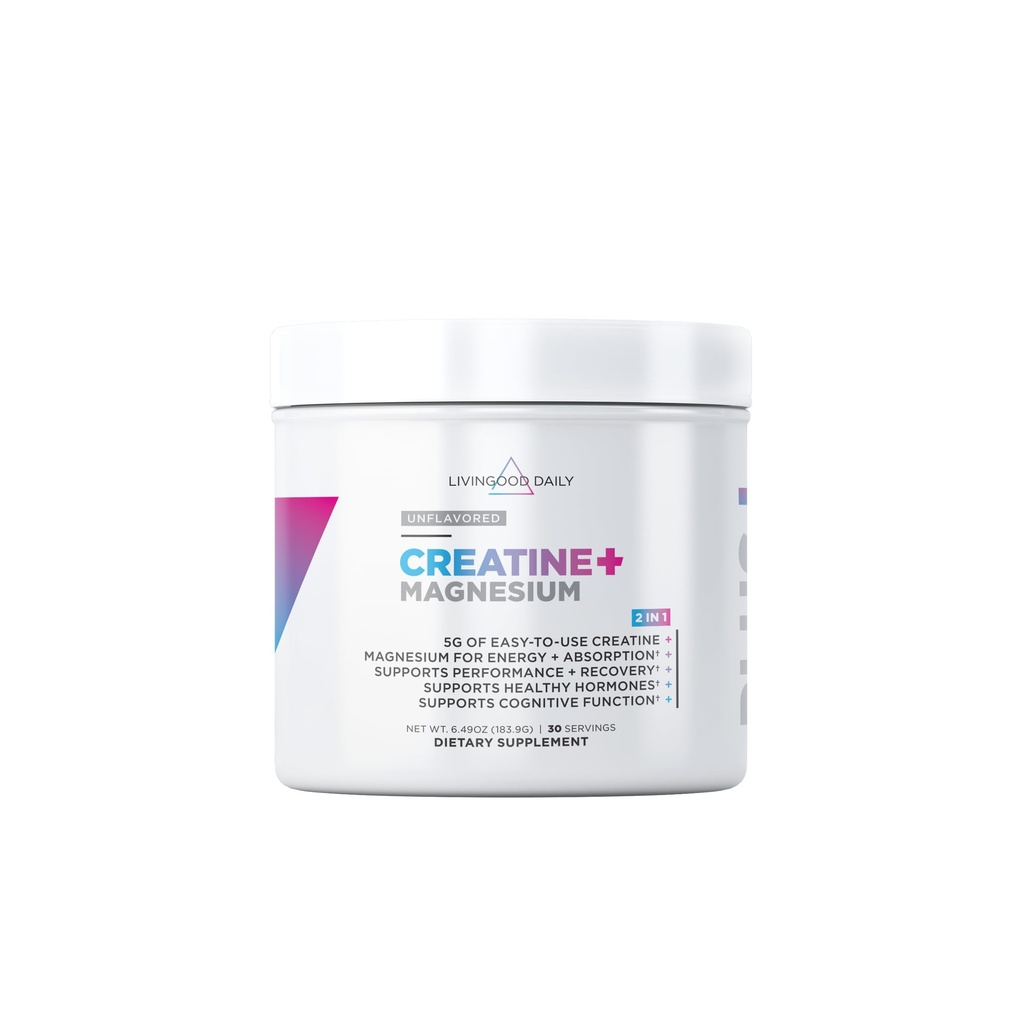 Livingood Daily Creatine + Magnesium Powder, Unflavored TEN 5g Micronized Creatine Monohydrate con Magnesium for Energy, Muscle Recovery & Performance ← 30 Servings